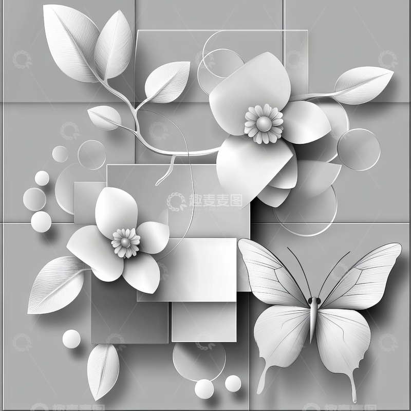 高清大图下载【趣麦麦图】立体花卉与蝴蝶的灰阶艺术组合