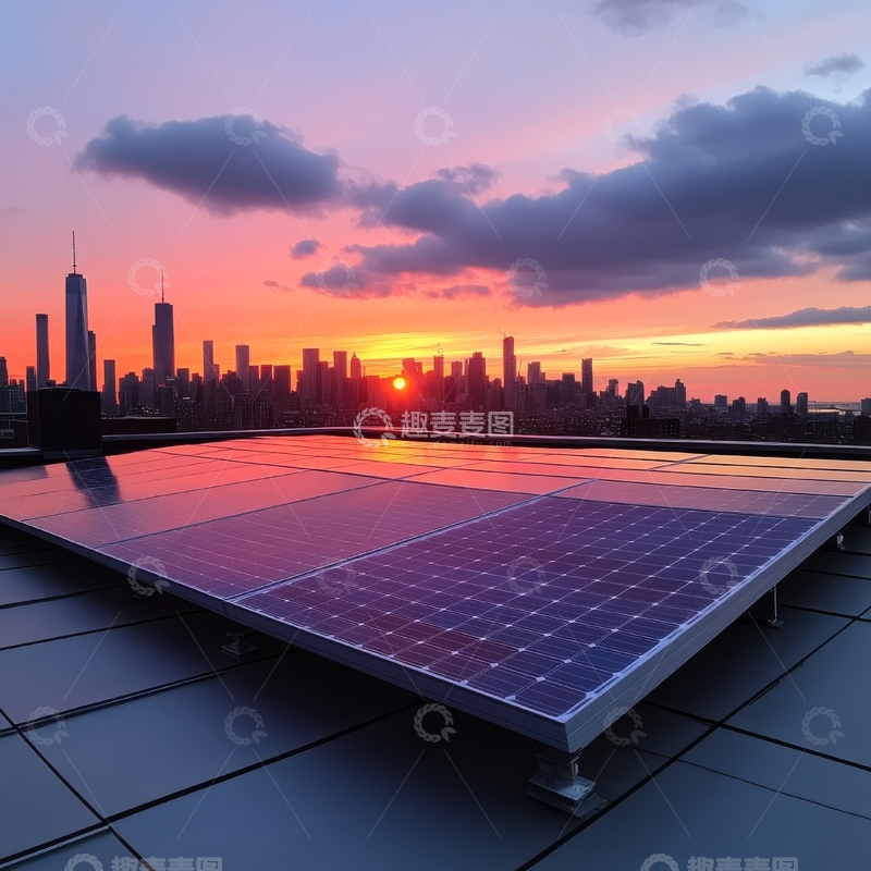 高清大图下载【趣麦麦图】屋顶太阳能板与城市日落景观