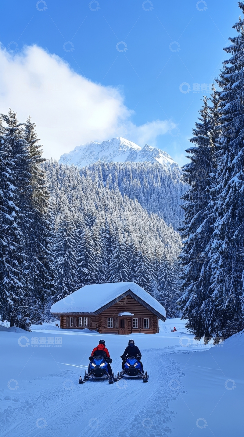 高清大图下载【趣麦麦图】雪地摩托前的木屋与雪山