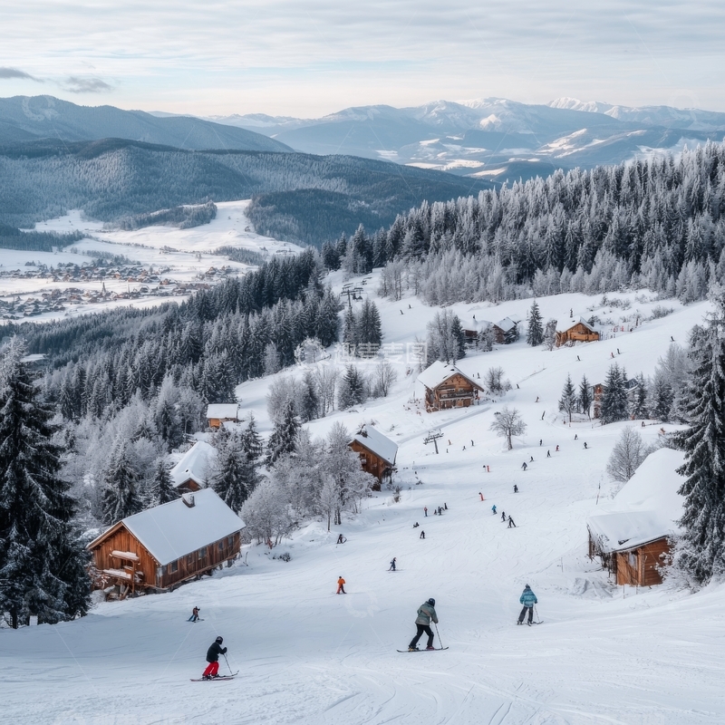 高清大图下载【趣麦麦图】雪山小镇滑雪场景