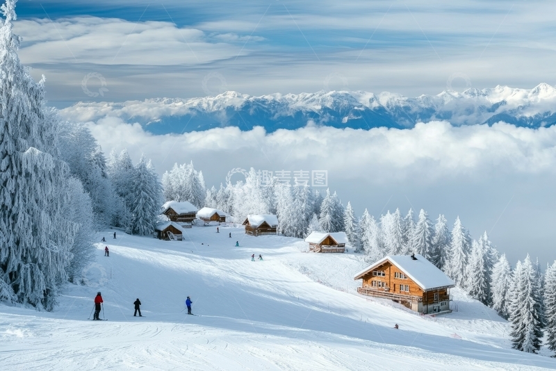 高清大图下载【趣麦麦图】雪山木屋与滑雪者