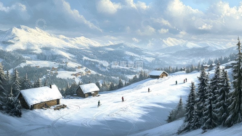 高清大图下载【趣麦麦图】雪山脚下滑雪场的冬日景象