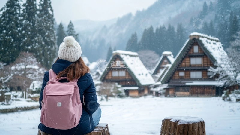 雪景中观赏传统建筑的女子