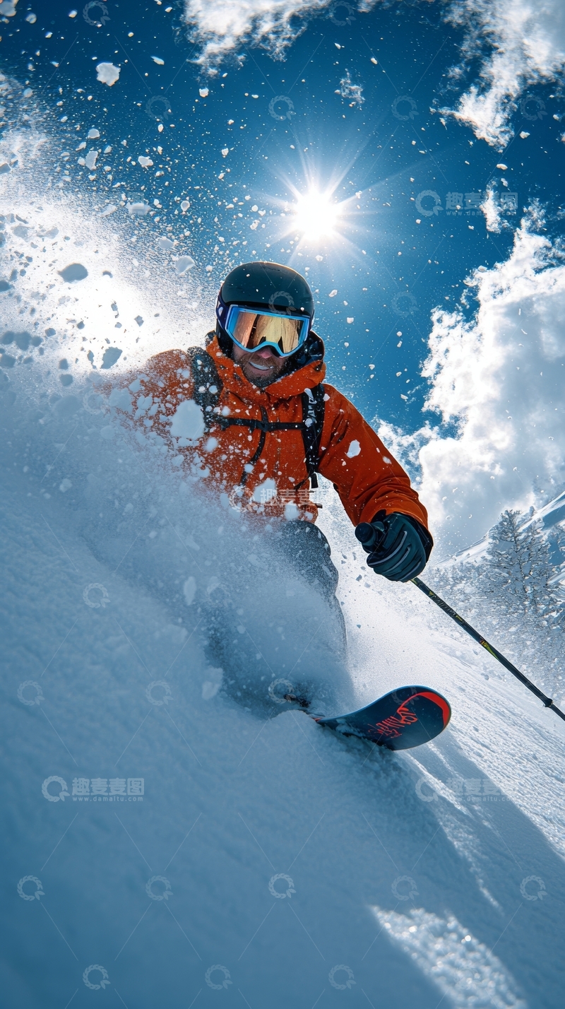 高清大图下载【趣麦麦图】滑雪者在雪地疾驰，阳光闪耀