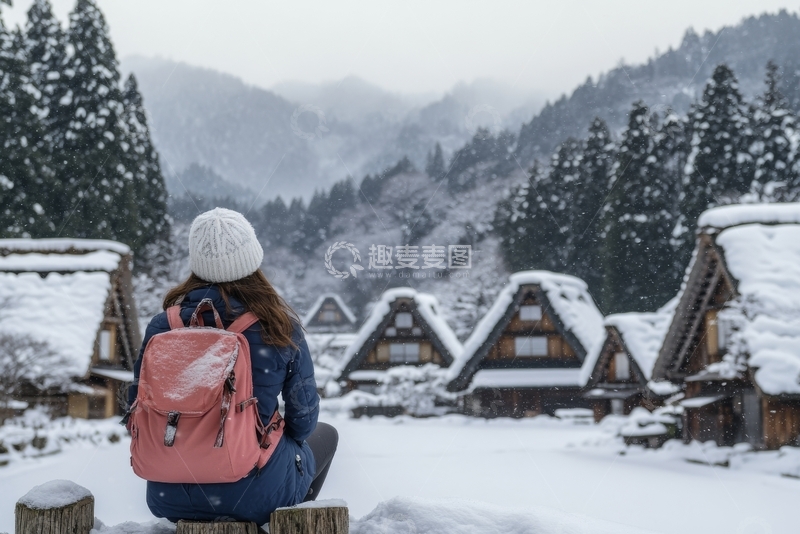 雪景中的女子眺望传统村落