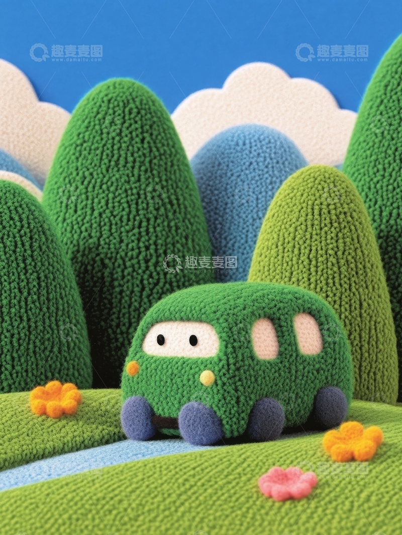 高清大图下载【趣麦麦图】绿色毛绒小车在童话森林中