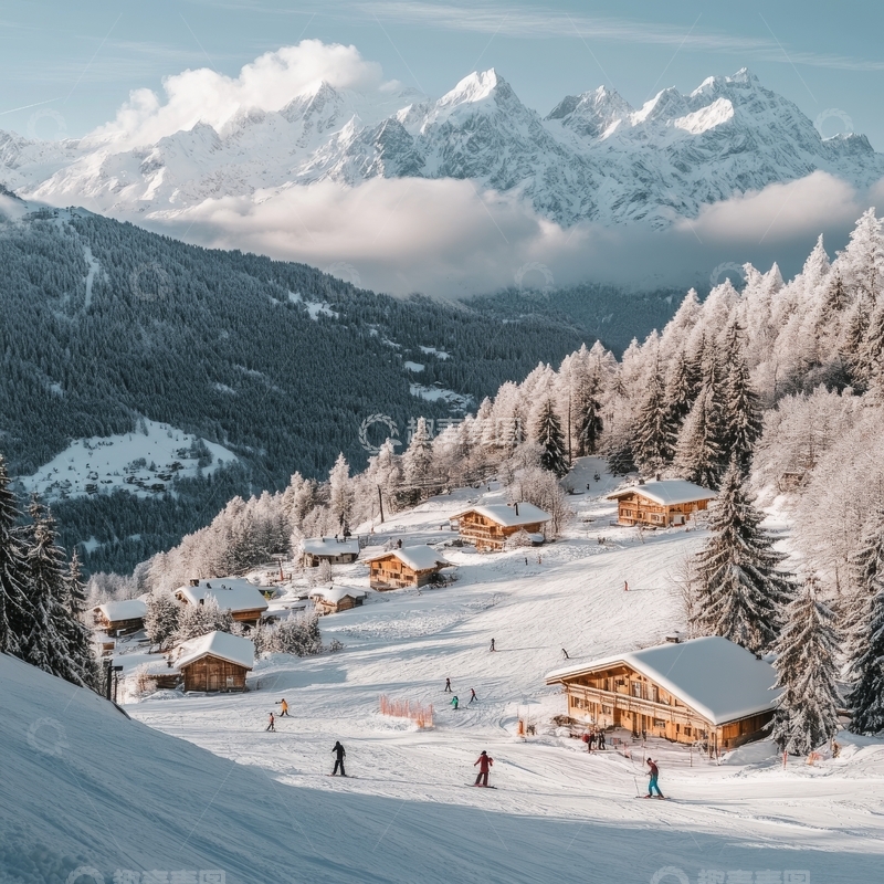 高清大图下载【趣麦麦图】雪山下的滑雪场与木屋