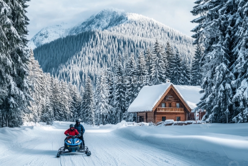 高清大图下载【趣麦麦图】雪地摩托驶向山间木屋