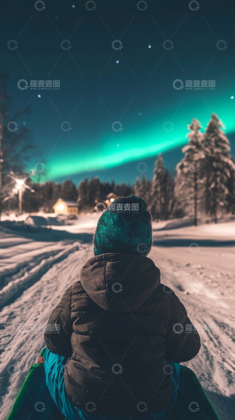 高清大图下载【趣麦麦图】冬夜极光下的人影