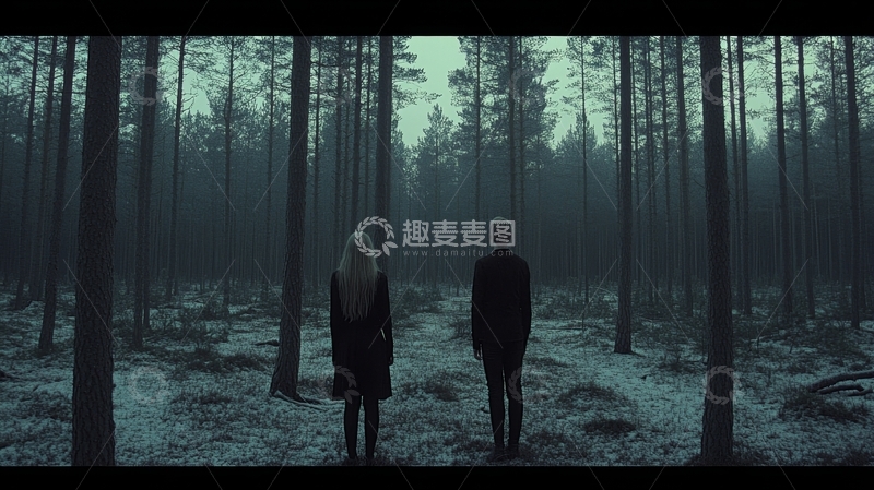 雾中森林里的两个人影