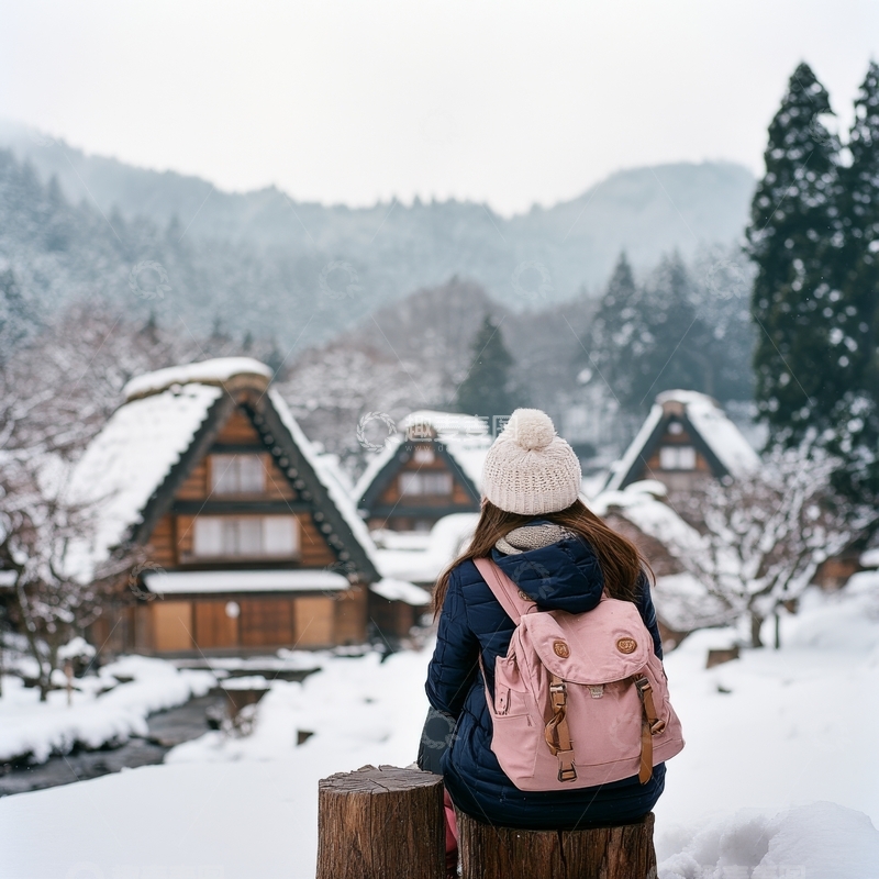 高清大图下载【趣麦麦图】雪景中的女子眺望传统村落