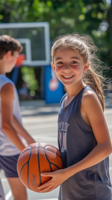 女孩手持篮球，户外球场微笑