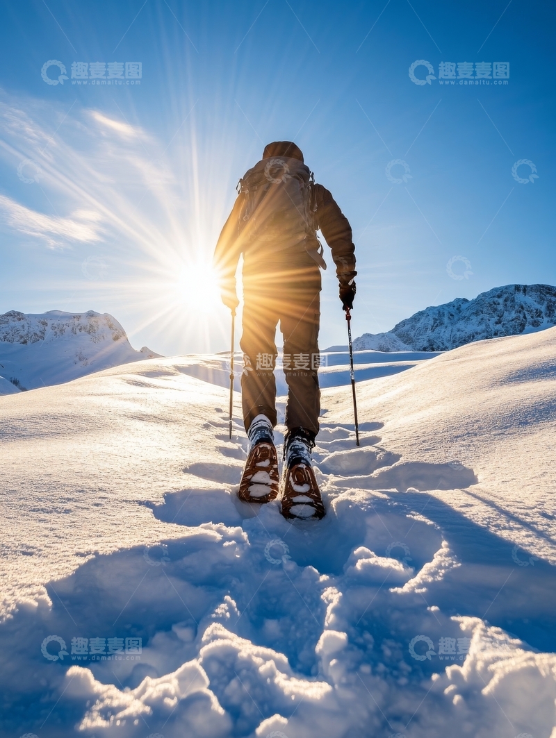 高清大图下载【趣麦麦图】雪地徒步者迎着阳光前行