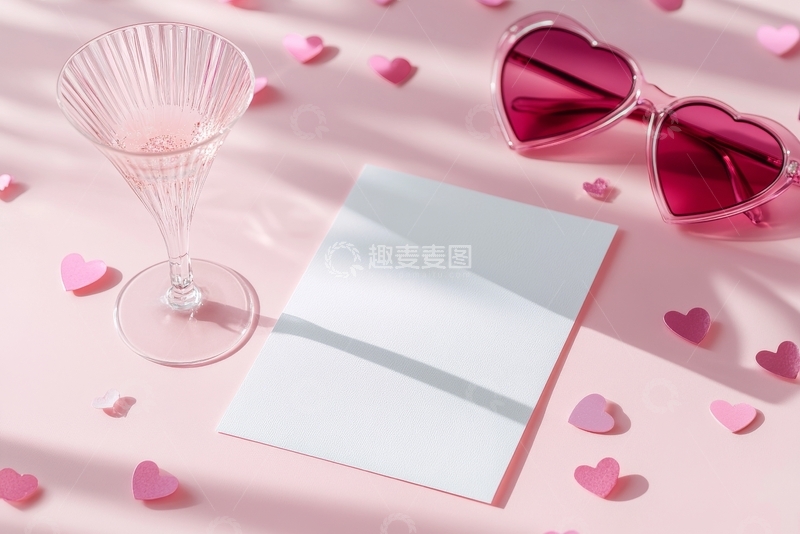高清大图下载【趣麦麦图】粉色背景上的信封、心形眼镜和酒杯