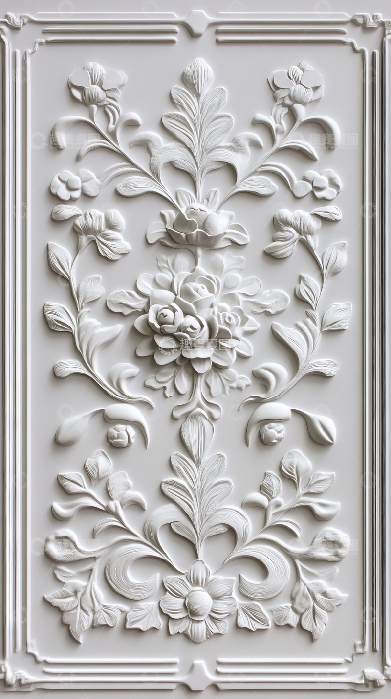 高清大图下载【趣麦麦图】白色浮雕花卉图案装饰板