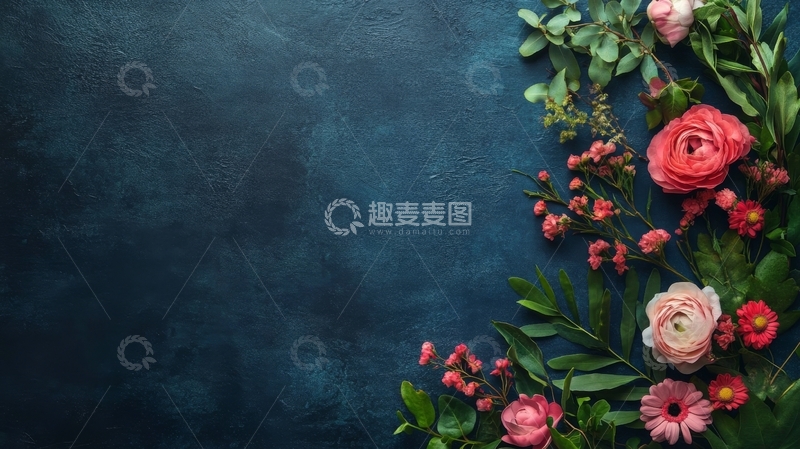 高清大图下载【趣麦麦图】深蓝背景上的粉色花卉装饰
