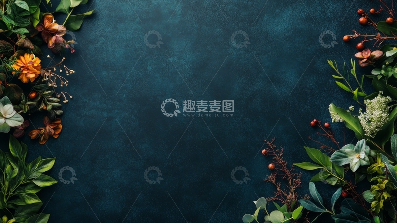 高清大图下载【趣麦麦图】-深蓝背景上的自然植物装饰