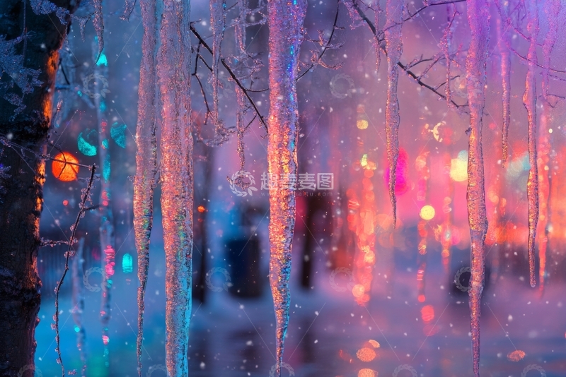 高清大图下载【趣麦麦图】冰凌垂挂，霓虹闪烁的冬夜