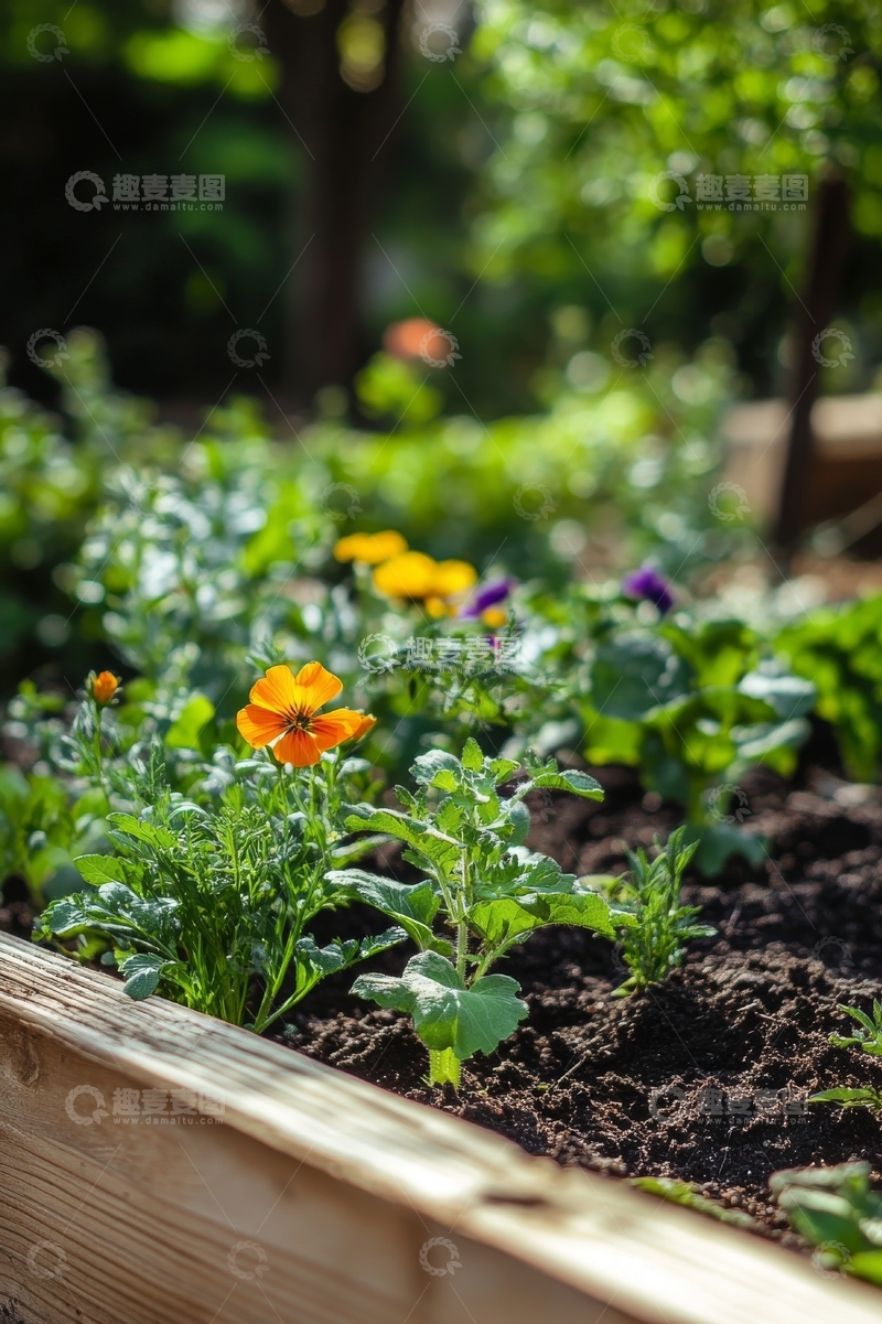 高清大图下载【趣麦麦图】花园中的橙色花朵与绿植