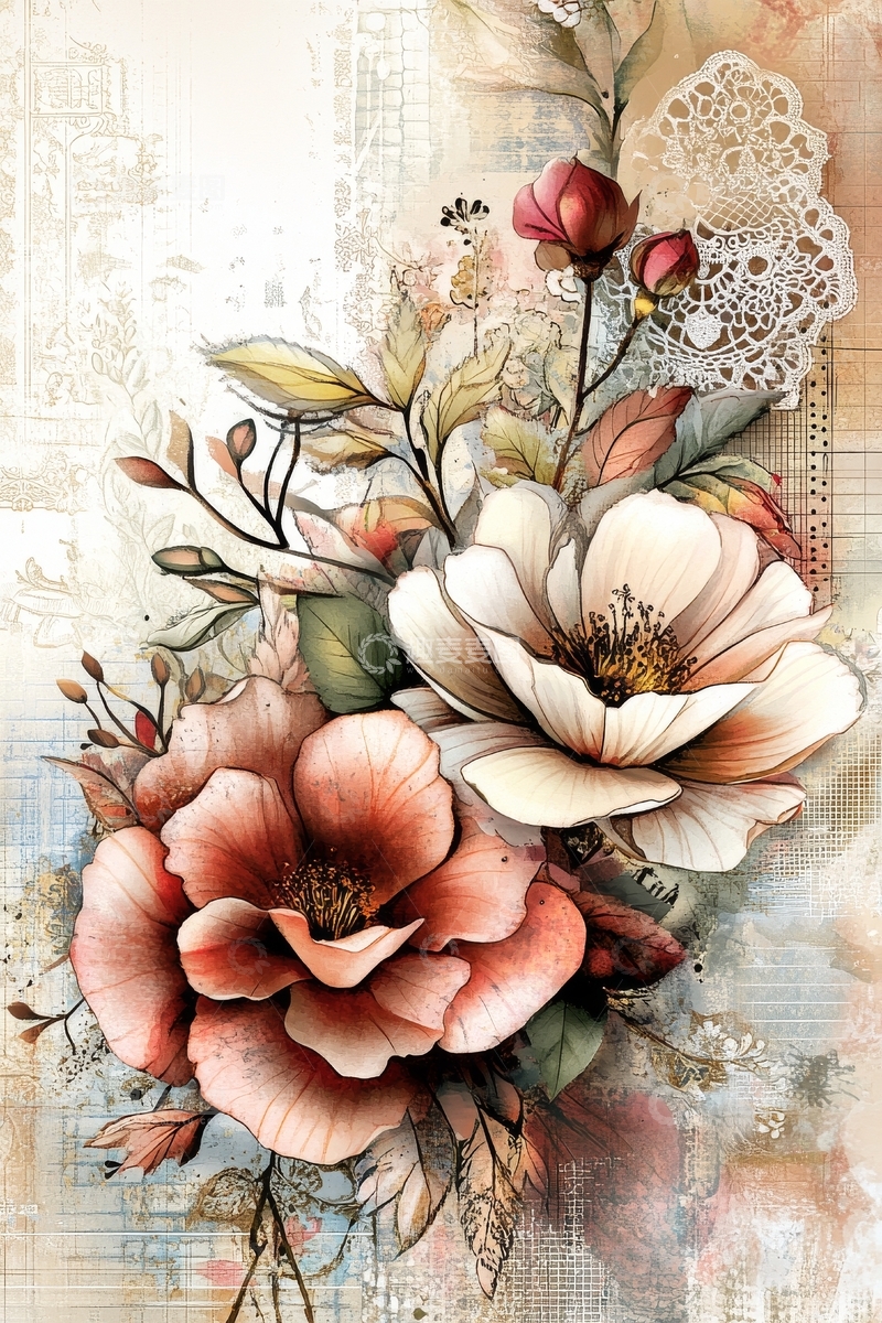 高清大图下载【趣麦麦图】复古花卉艺术插画
