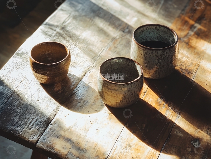 高清大图下载【趣麦麦图】阳光下的三只陶瓷杯