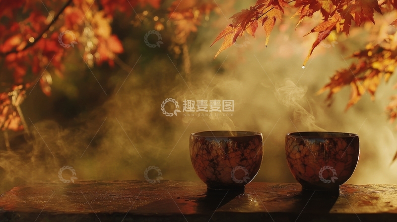 高清大图下载【趣麦麦图】-秋叶下两杯热茶，蒸汽袅袅