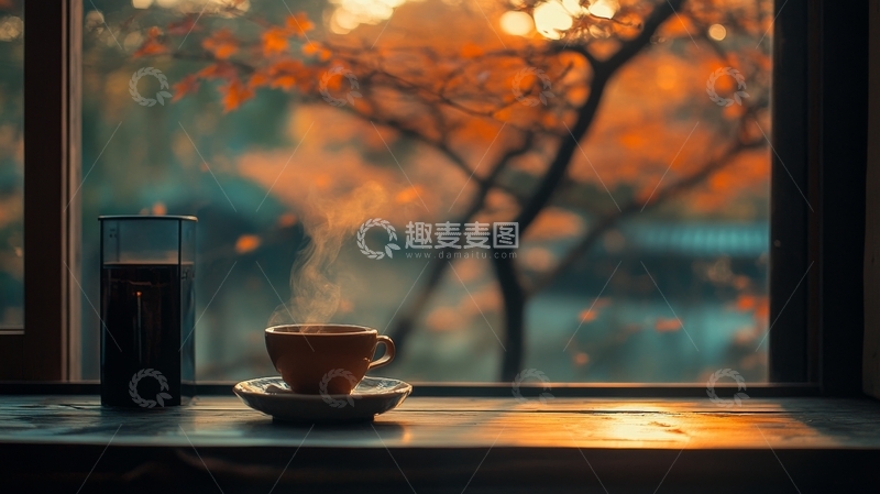 高清大图下载【趣麦麦图】窗边热饮，秋景映衬