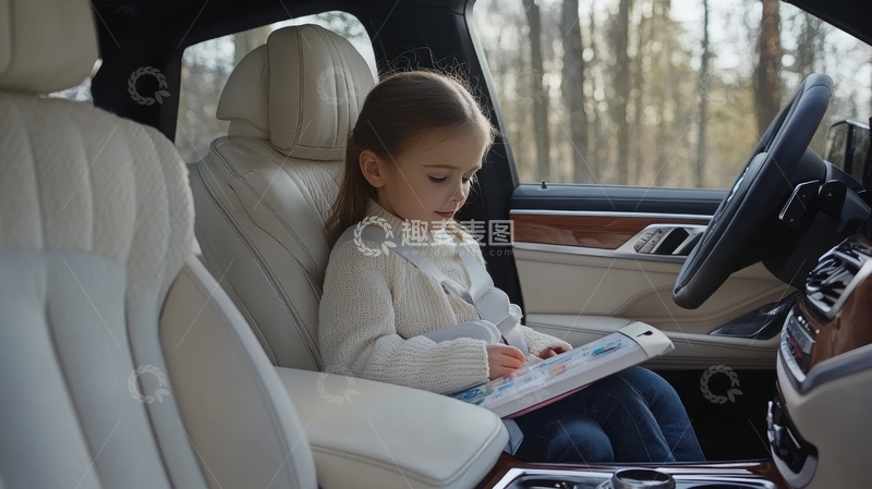 高清大图下载【趣麦麦图】车内小女孩专注阅读书籍