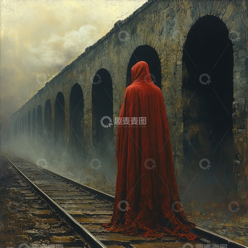 高清大图下载【趣麦麦图】红袍人物立于铁轨旁的拱桥下