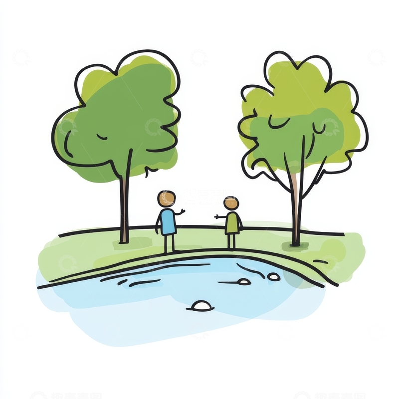 高清大图下载【趣麦麦图】河边树下两人交谈