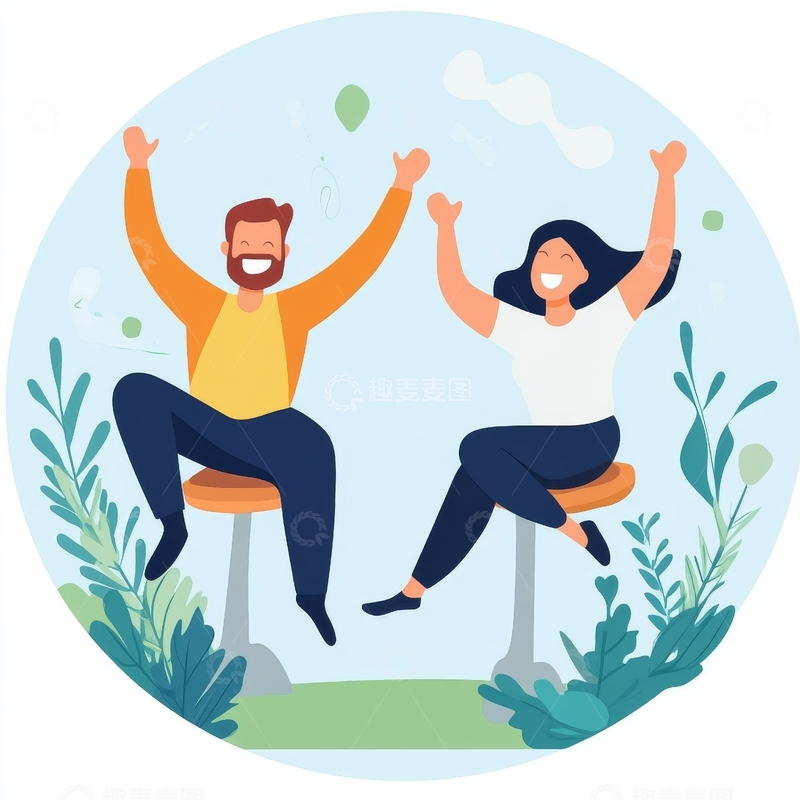 高清大图下载【趣麦麦图】两人欢庆，手举高坐凳上