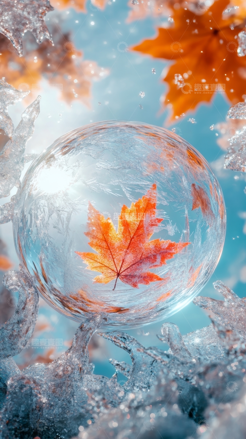 高清大图下载【趣麦麦图】冰晶球中的秋叶