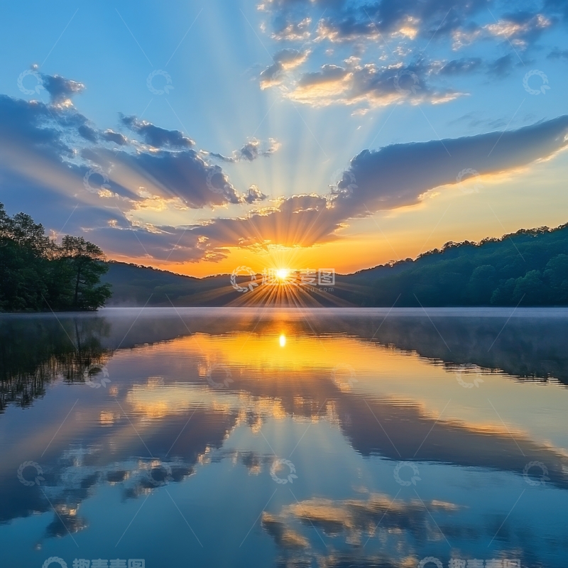 高清大图下载【趣麦麦图】湖面日出，光芒四射