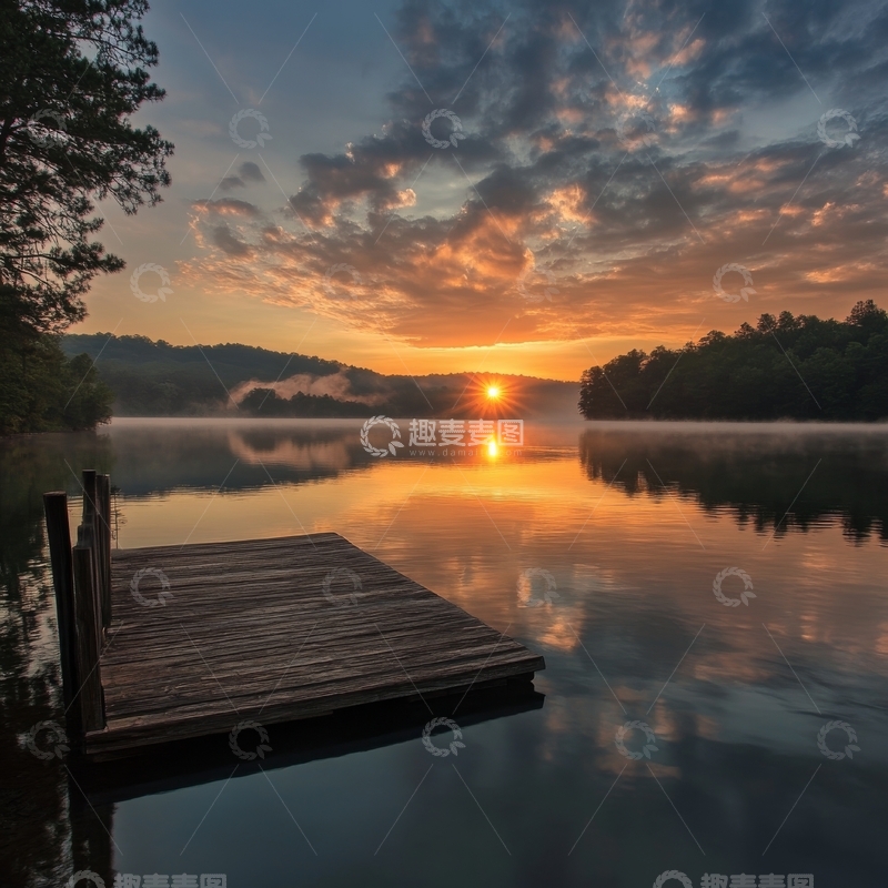 高清大图下载【趣麦麦图】日出湖畔，木栈静谧