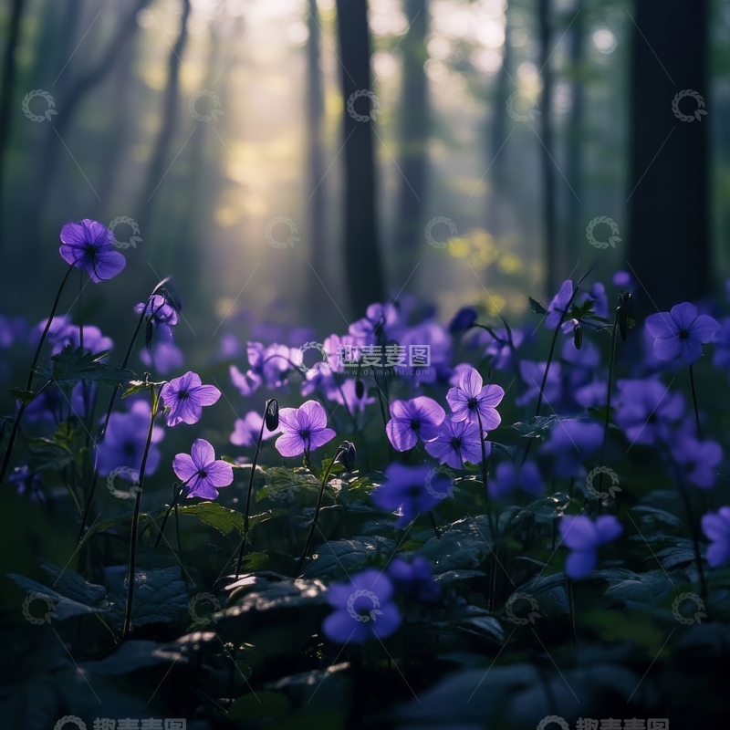 高清大图下载【趣麦麦图】晨雾森林中的紫色野花