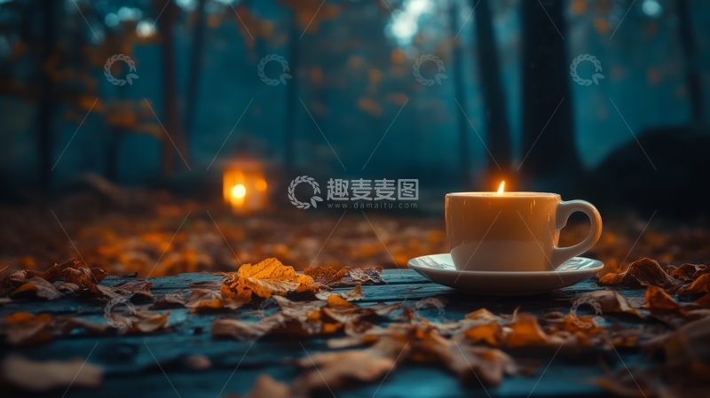 高清大图下载【趣麦麦图】秋日森林中的温暖咖啡