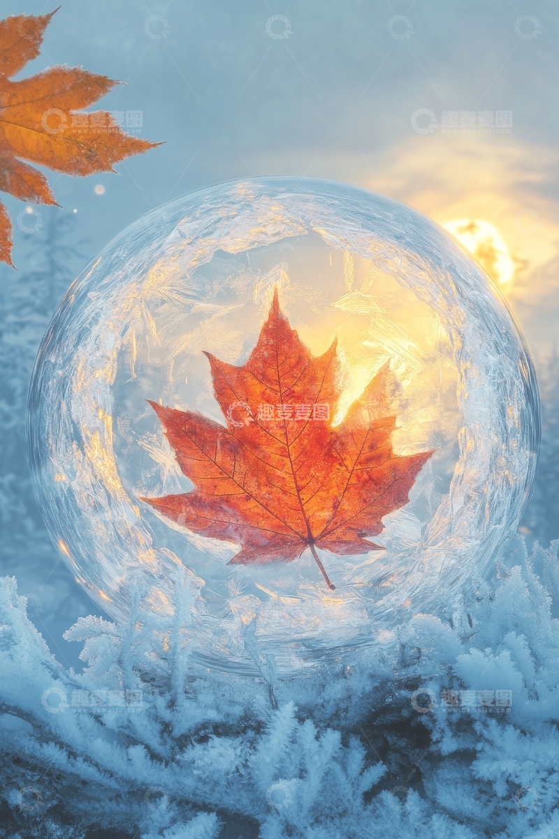 高清大图下载【趣麦麦图】冰球中的秋叶