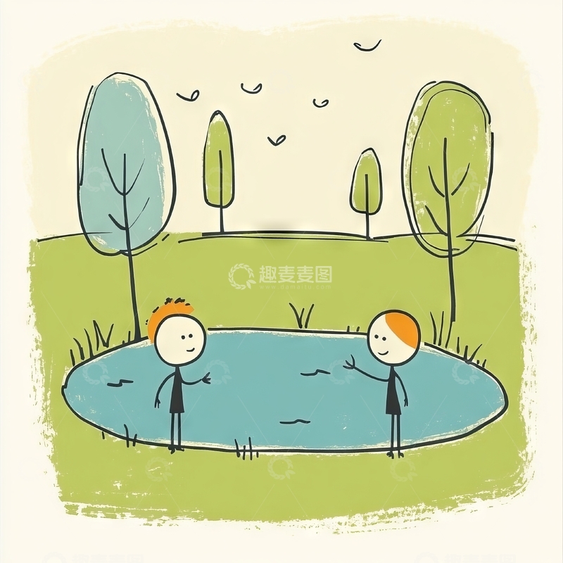 高清大图下载【趣麦麦图】池塘边的两个小孩