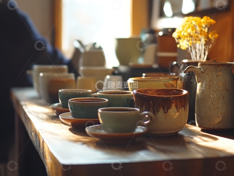 高清大图下载【趣麦麦图】阳光洒在木质桌上的咖啡杯