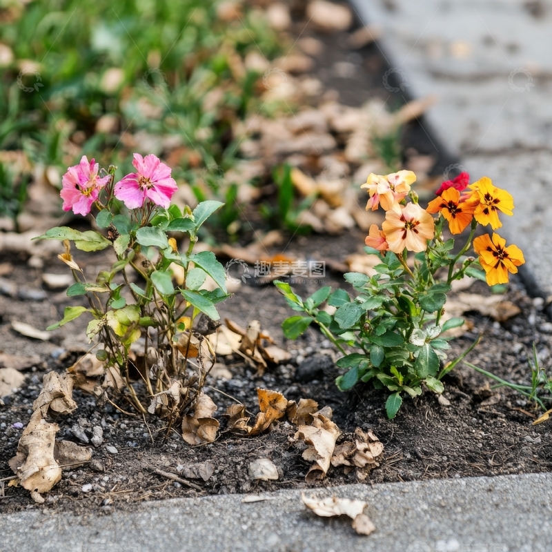 高清大图下载【趣麦麦图】路边花丛中的粉色与橙色花朵