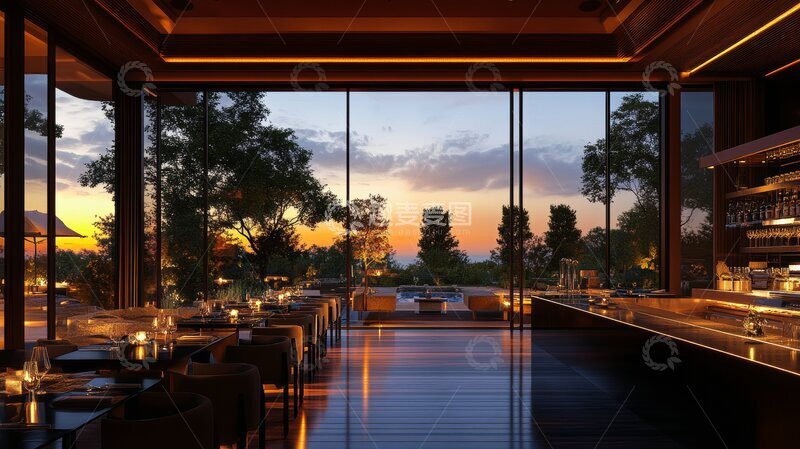 高清大图下载【趣麦麦图】现代餐厅室内设计，窗外夕阳美景