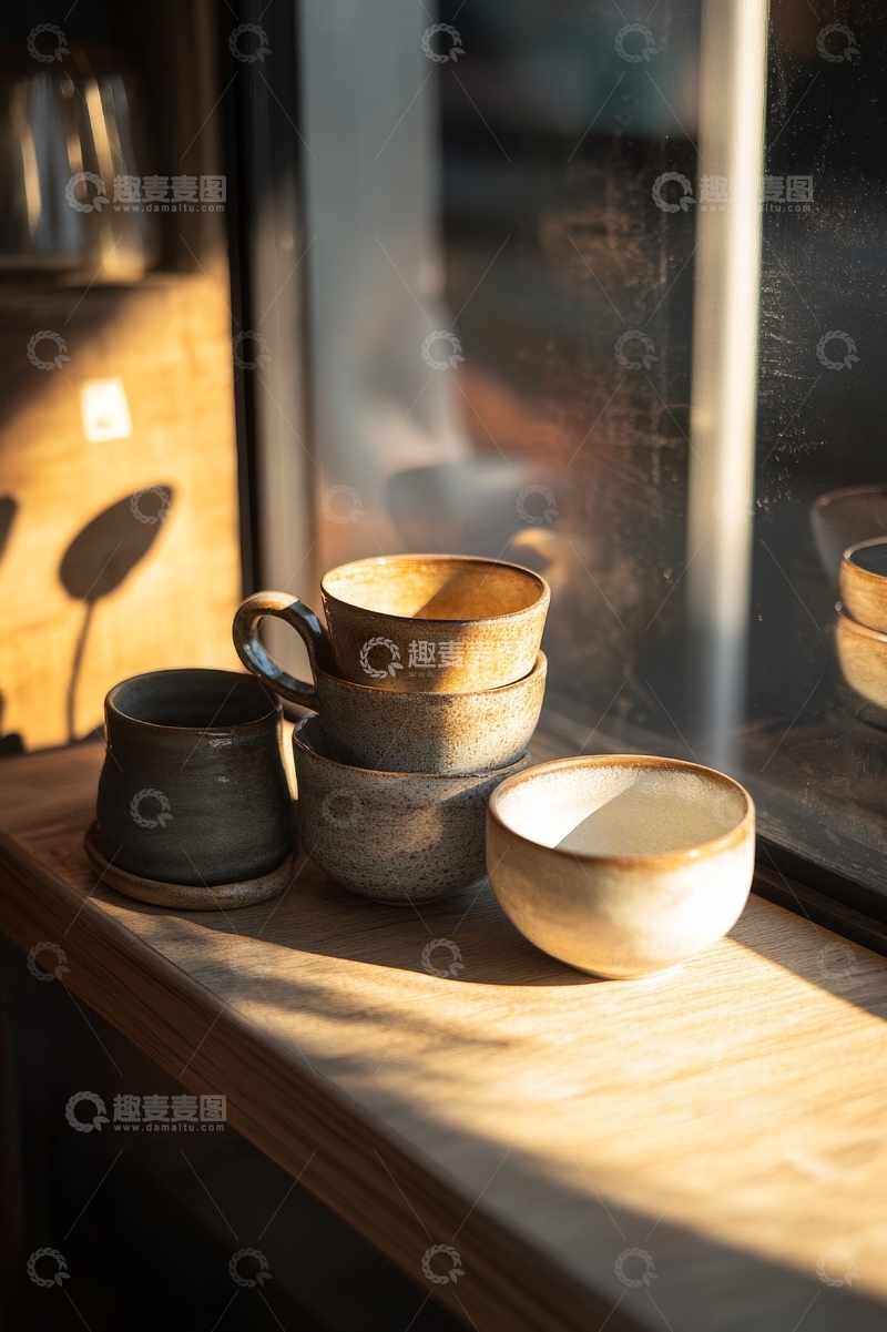 高清大图下载【趣麦麦图】窗边的陶瓷杯与碗