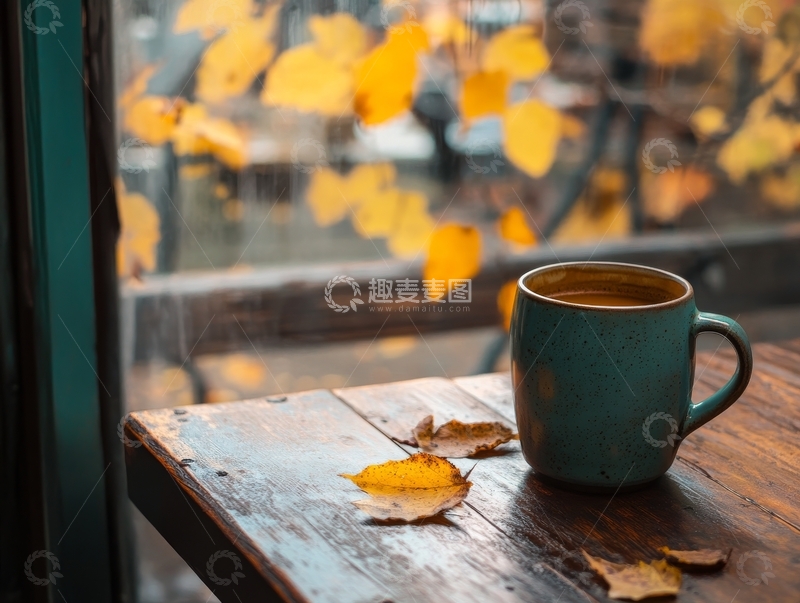高清大图下载【趣麦麦图】窗边的咖啡杯与秋叶