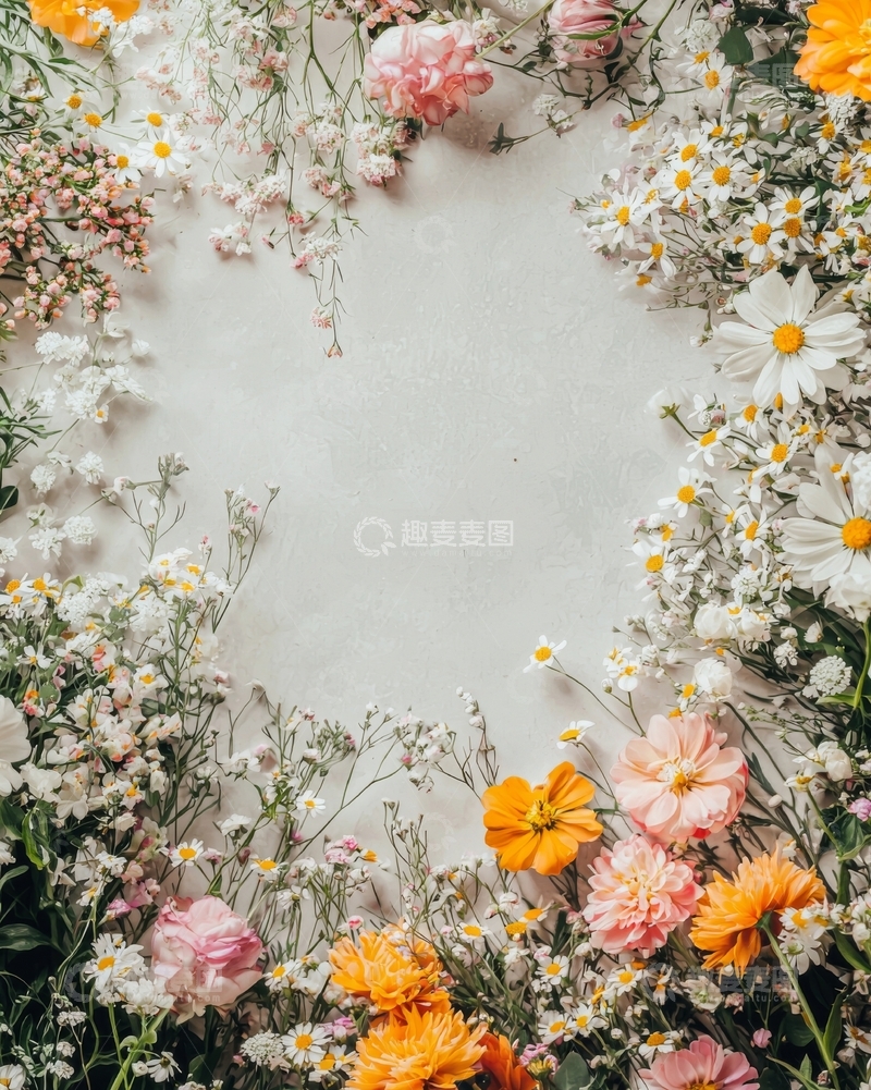 高清大图下载【趣麦麦图】多彩花卉围绕的空白中心