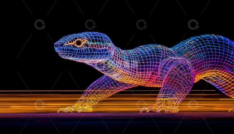 高清大图下载【趣麦麦图】霓虹色网格恐龙奔跑姿态