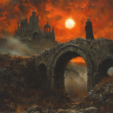 废墟拱桥与城堡剪影