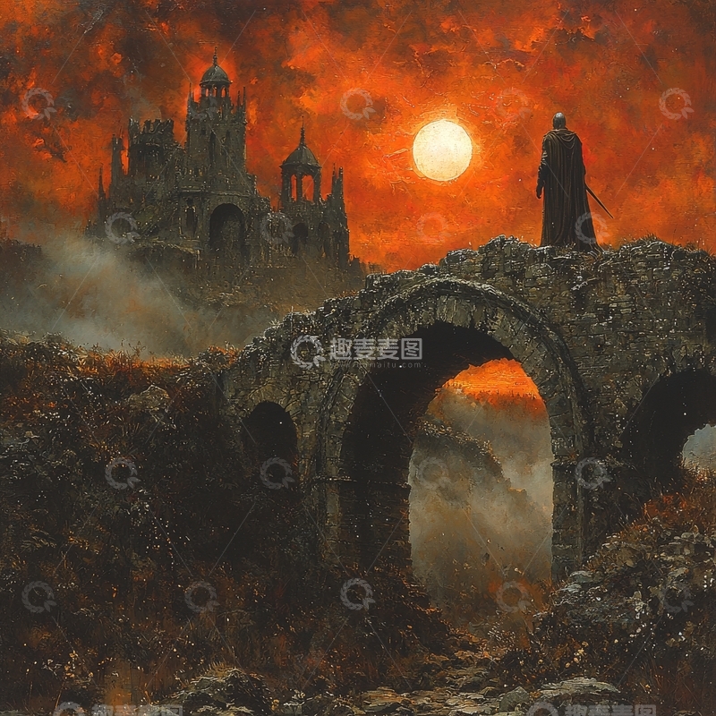 高清大图下载【趣麦麦图】废墟拱桥与城堡剪影