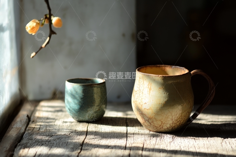 高清大图下载【趣麦麦图】阳光下的陶瓷杯与花枝