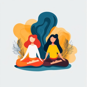 两人静坐冥想，背景抽象色彩