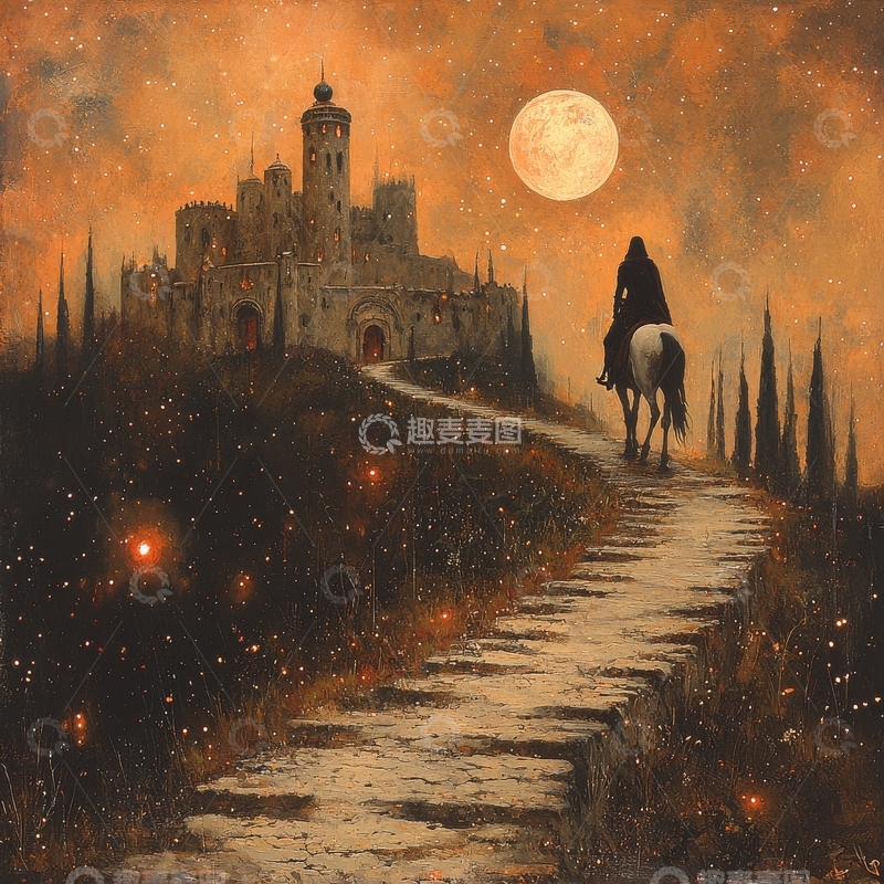 高清大图下载【趣麦麦图】月夜城堡前的骑马者